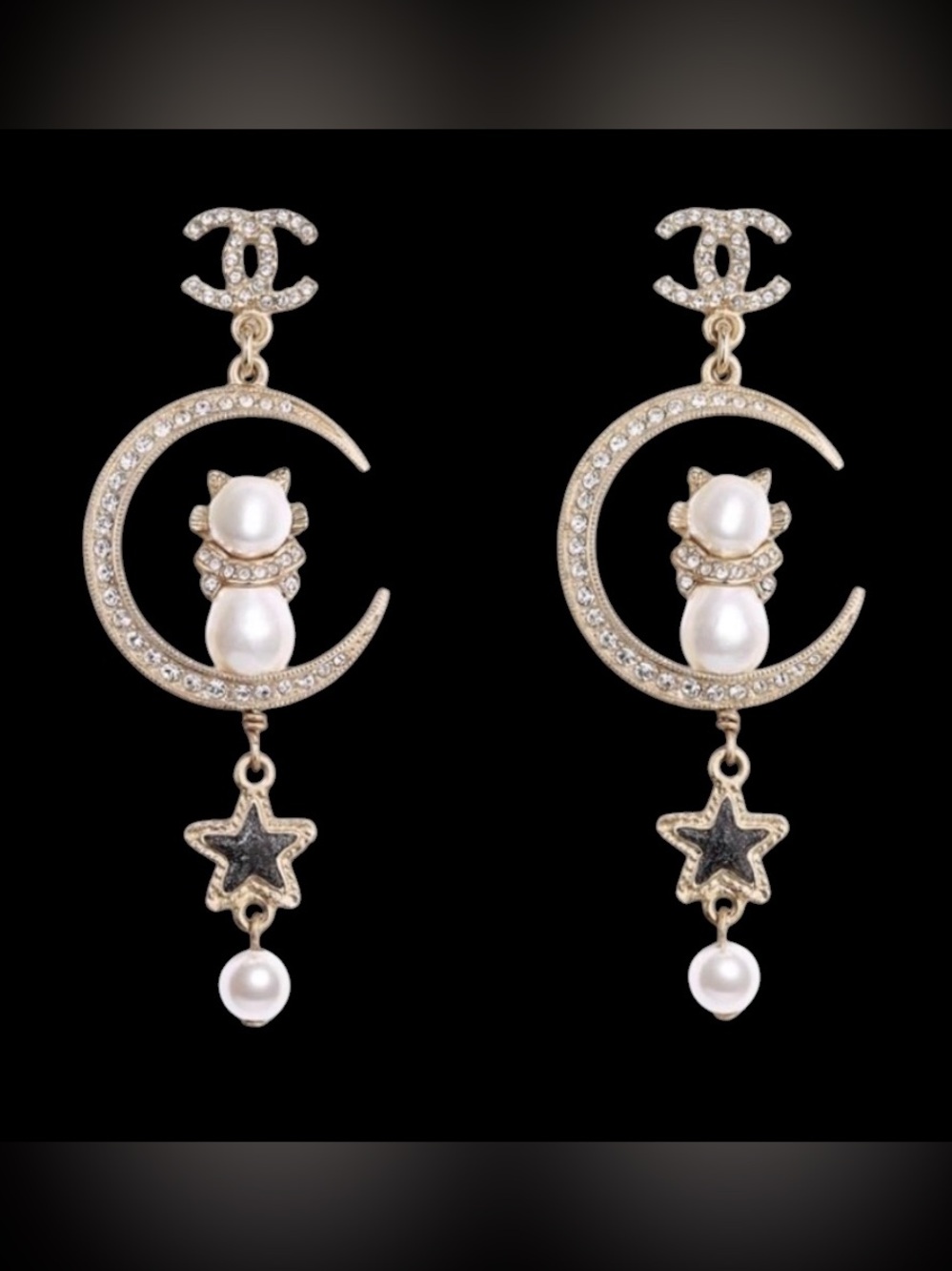 😺Double C Crescent Moon Cat Star Pearl Crystal Embellished Swing Drop Earrings